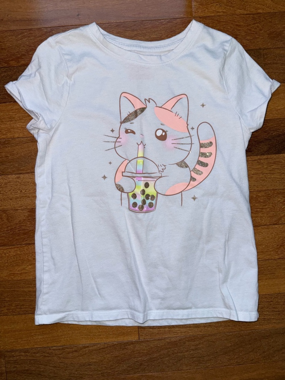 Cat & Jack White Tee with Pink Cat Bubble Tea Graphic